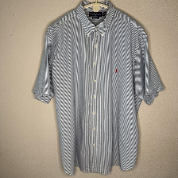 Ralph Lauren Shirt Classic Fit Blue/White Seersucker Short Sleeve Pony Men’s 3XB - Picture 1 of 13
